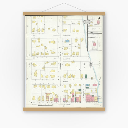 Old map wall art mockup — magnetic wood frame on white wall — Sanborn Fire Insurance Map from Fort Atkinson, Jefferson County, Wisconsin (1909), Sheet #0004