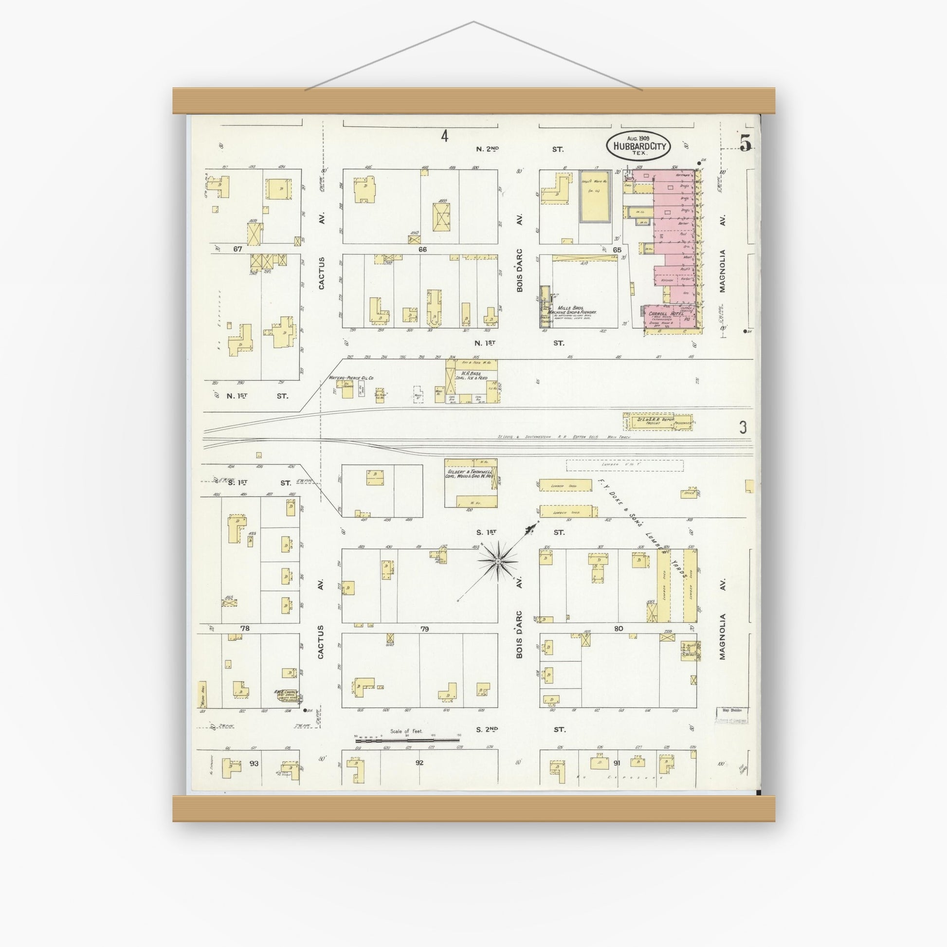 Old map wall art mockup — magnetic wood frame on white wall — Sanborn Fire Insurance Map from Hubbard, Hill County, Texas (1909), Sheet #0005