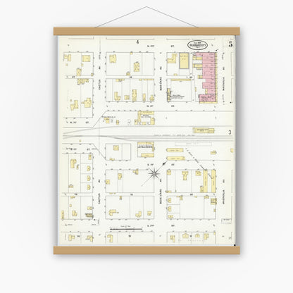 Old map wall art mockup — magnetic wood frame on white wall — Sanborn Fire Insurance Map from Hubbard, Hill County, Texas (1909), Sheet #0005