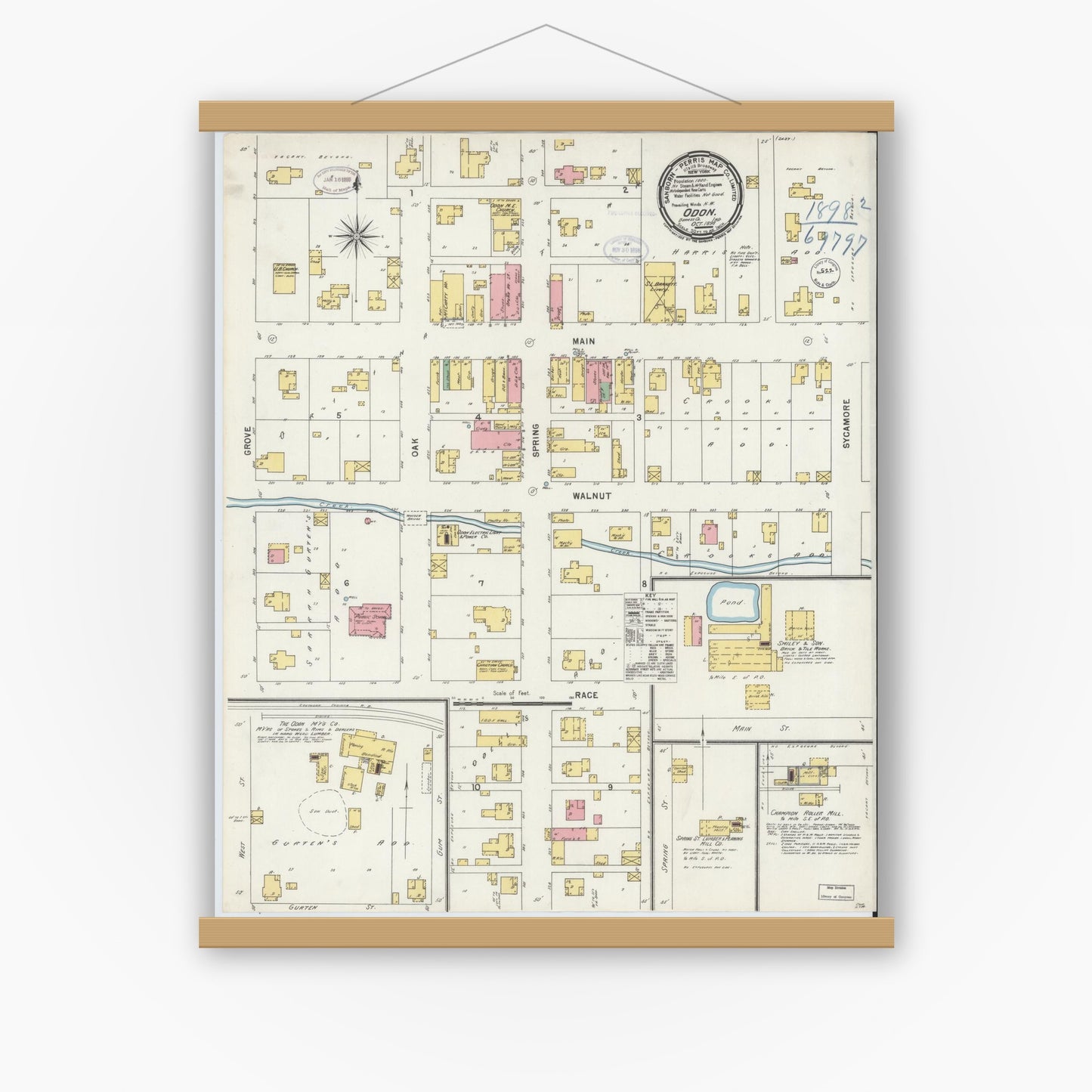 Old map wall art mockup — magnetic wood frame on white wall — Sanborn Fire Insurance Map from Odon, Daviess County, Indiana (1898), Sheet #0001