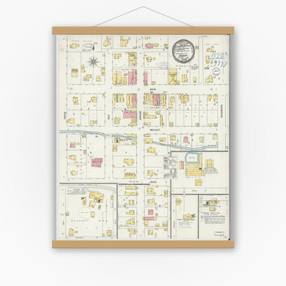 Old map wall art mockup — magnetic wood frame on white wall — Sanborn Fire Insurance Map from Odon, Daviess County, Indiana (1898), Sheet #0001