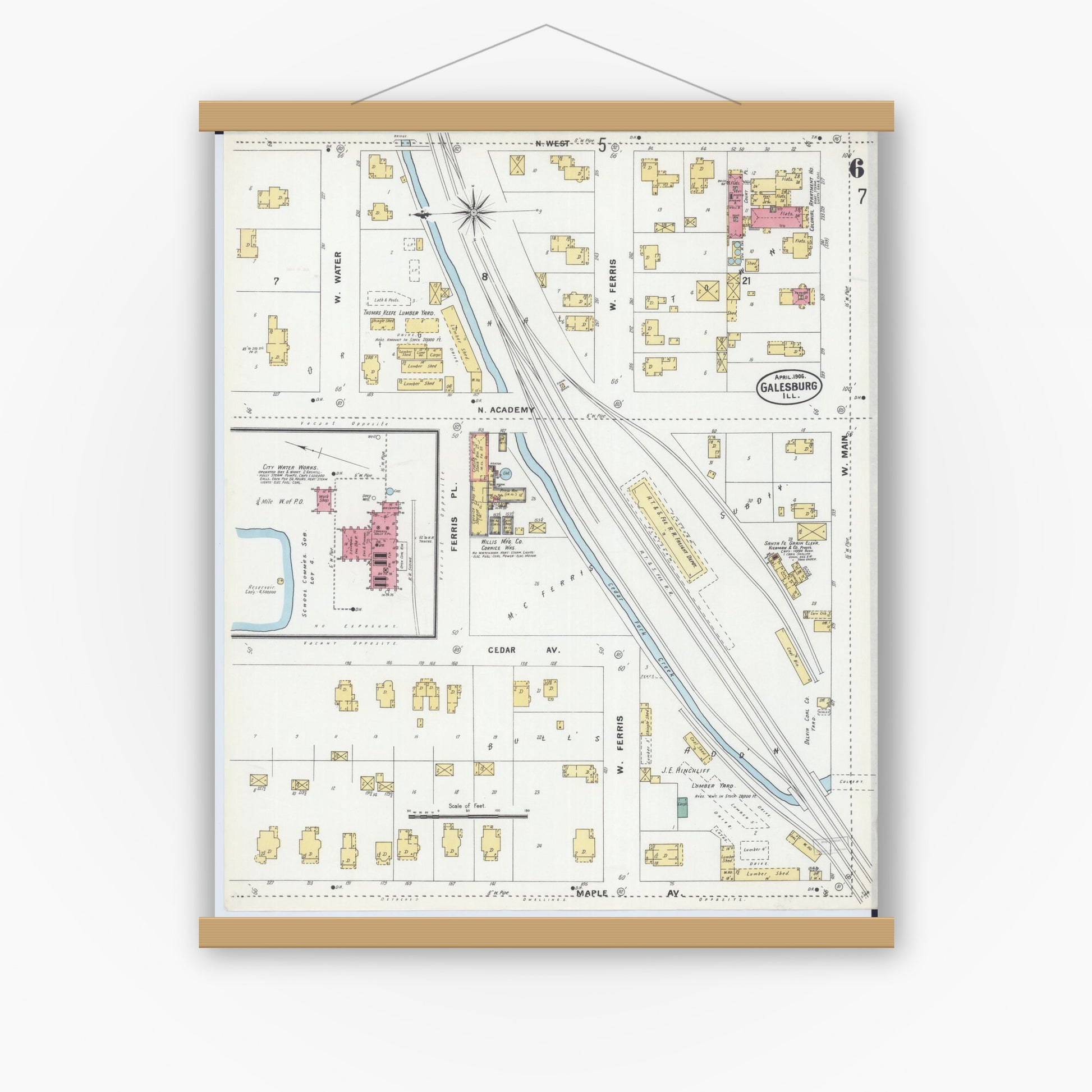 Old map wall art mockup — magnetic wood frame on white wall — Sanborn Fire Insurance Map from Galesburg, Knox County, Illinois (1906), Sheet #0006