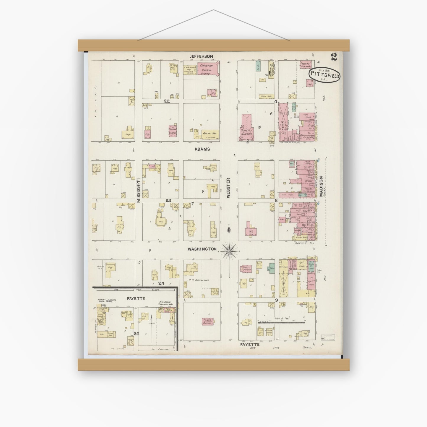 Old map wall art mockup — magnetic wood frame on white wall — Sanborn Fire Insurance Map from Pittsfield, Pike County, Illinois (1890), Sheet #0002