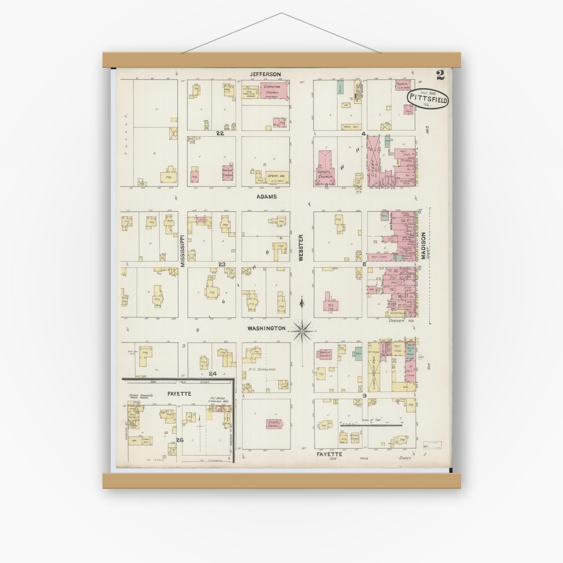 Old map wall art mockup — magnetic wood frame on white wall — Sanborn Fire Insurance Map from Pittsfield, Pike County, Illinois (1890), Sheet #0002