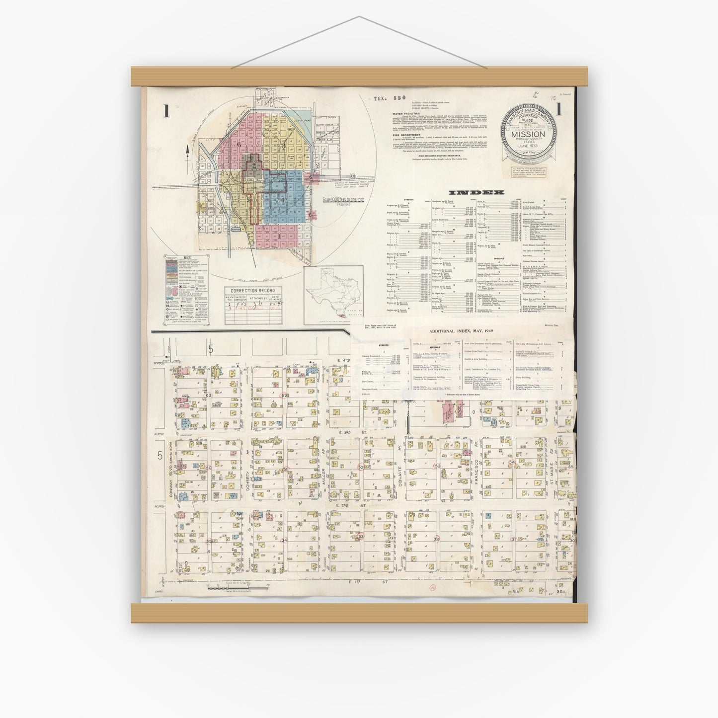 Old map wall art mockup — magnetic wood frame on white wall — Sanborn Fire Insurance Map from Mission, Hidalgo County, Texas (1949), Sheet #0001