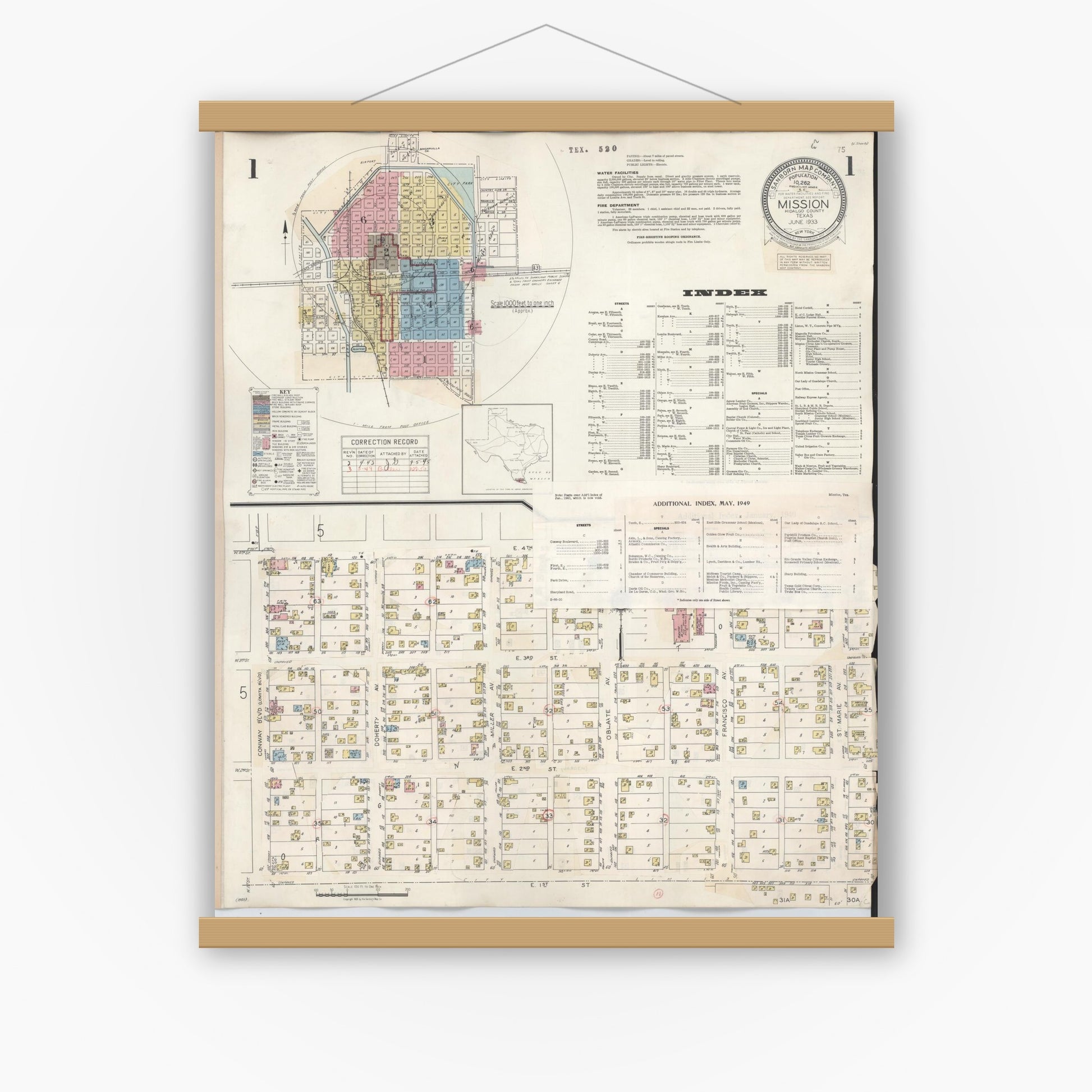 Old map wall art mockup — magnetic wood frame on white wall — Sanborn Fire Insurance Map from Mission, Hidalgo County, Texas (1949), Sheet #0001
