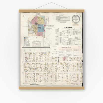 Old map wall art mockup — magnetic wood frame on white wall — Sanborn Fire Insurance Map from Mission, Hidalgo County, Texas (1949), Sheet #0001