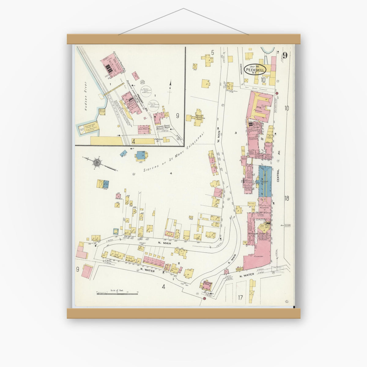 Old map wall art mockup — magnetic wood frame on white wall — Sanborn Fire Insurance Map from Peekskill, Westchester County, New York (1911), Sheet #0009