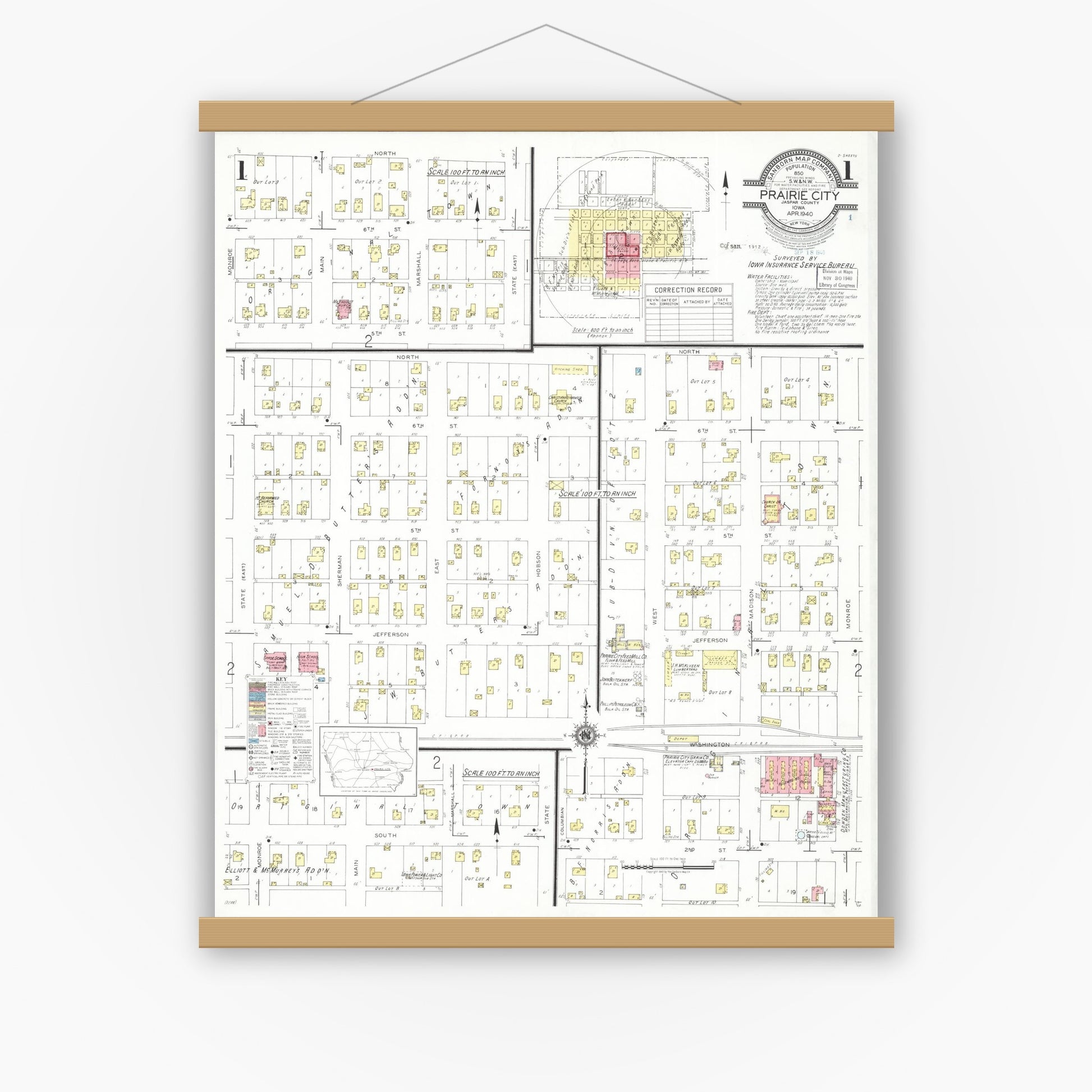 Old map wall art mockup — magnetic wood frame on white wall — Sanborn Fire Insurance Map from Prairie City, Jasper County, Iowa (1940) â€” Complete Set