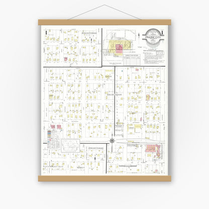 Old map wall art mockup — magnetic wood frame on white wall — Sanborn Fire Insurance Map from Prairie City, Jasper County, Iowa (1940) â€” Complete Set