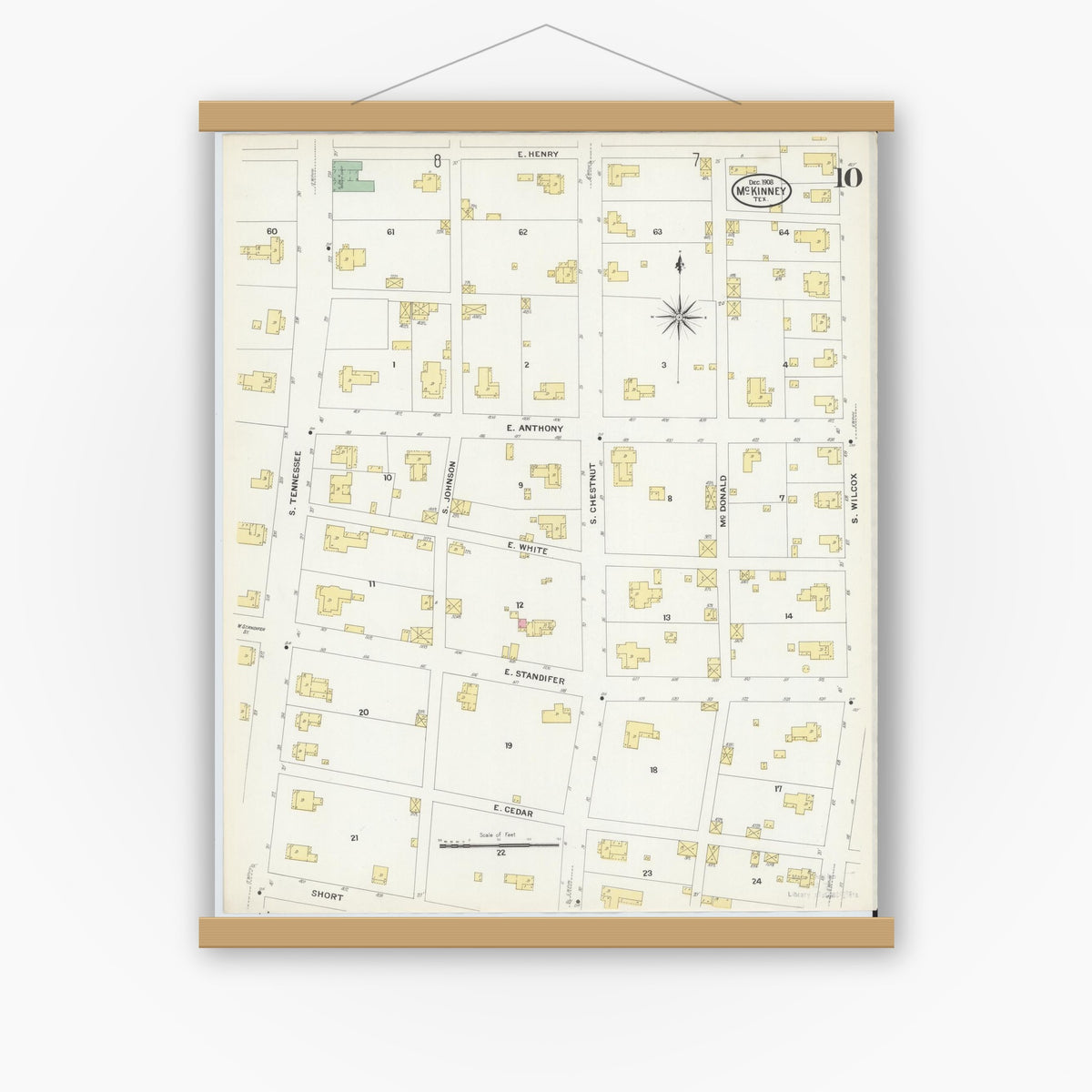 Old map wall art mockup — magnetic wood frame on white wall — Sanborn Fire Insurance Map from McKinney, Collin County, Texas (1908), Sheet #0010