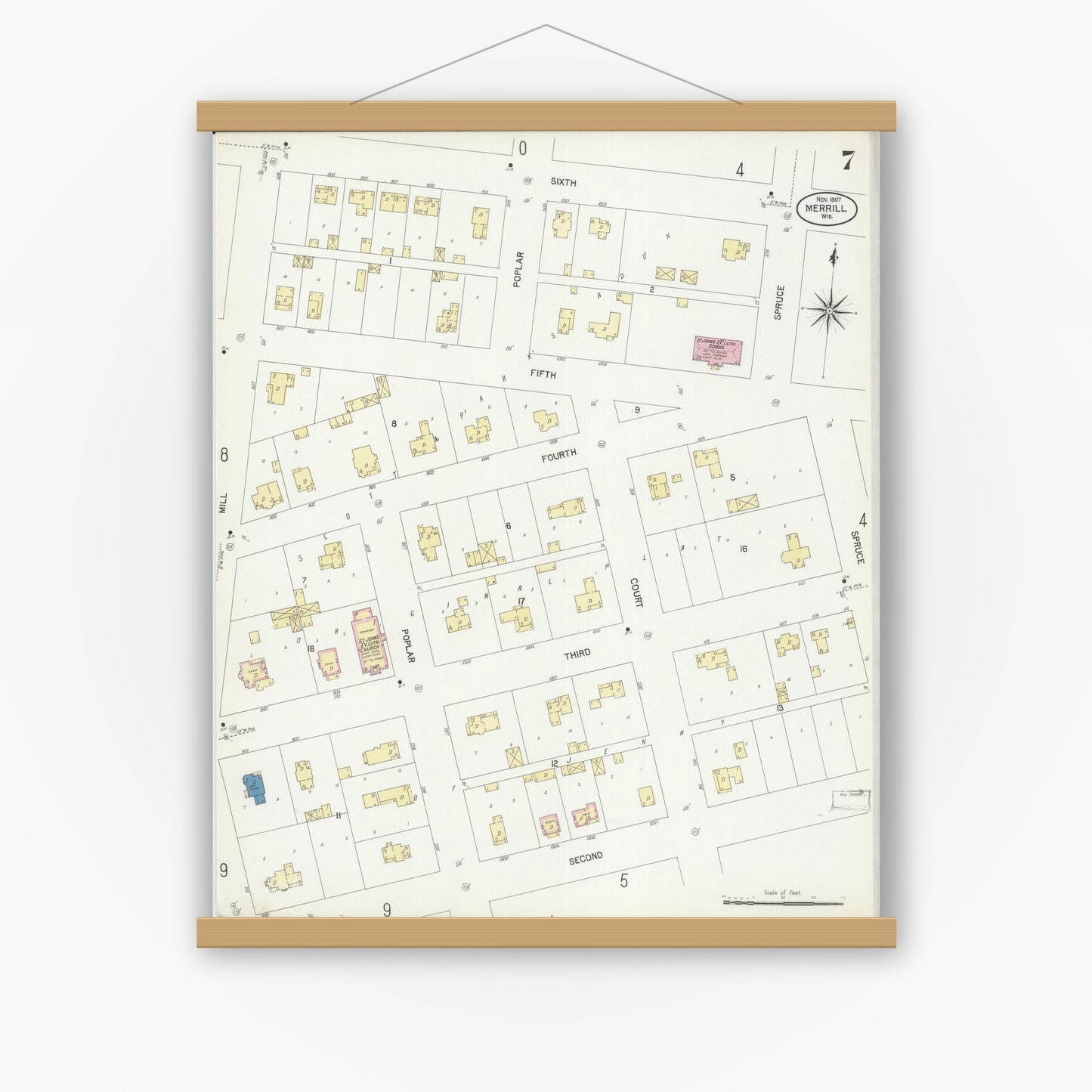 Old map wall art mockup — magnetic wood frame on white wall — Sanborn Fire Insurance Map from Merrill, Lincoln County, Wisconsin (1907), Sheet #0007