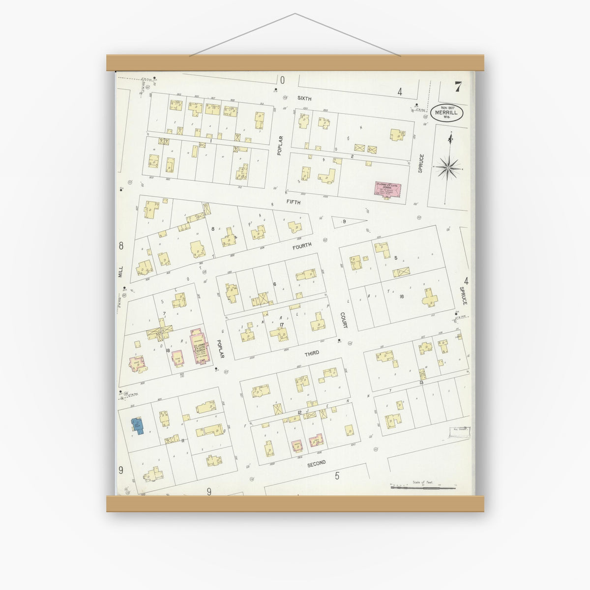 Old map wall art mockup — magnetic wood frame on white wall — Sanborn Fire Insurance Map from Merrill, Lincoln County, Wisconsin (1907), Sheet #0007