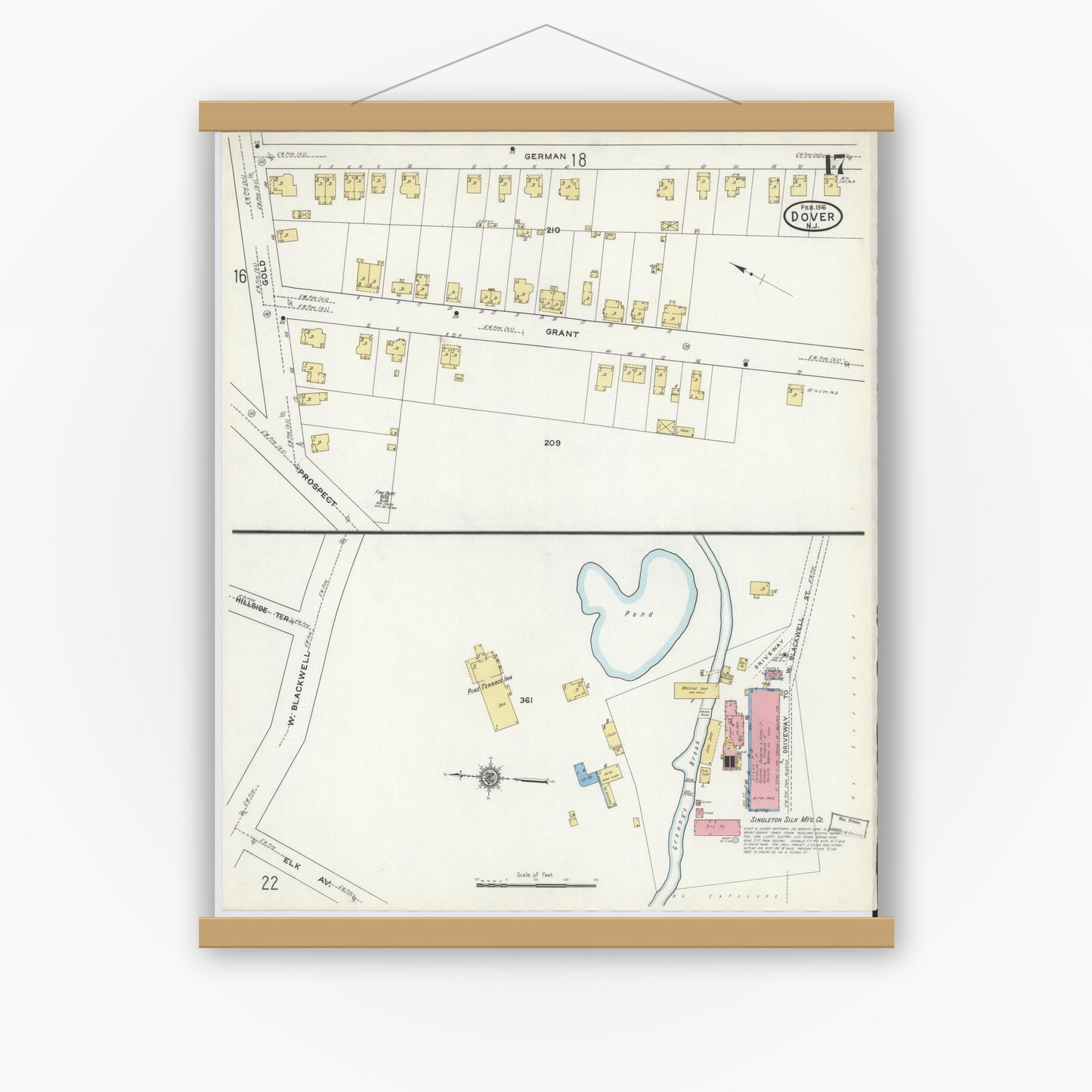 Old map wall art mockup — magnetic wood frame on white wall — Sanborn Fire Insurance Map from Dover, Morris County, New Jersey (1916), Sheet #0017
