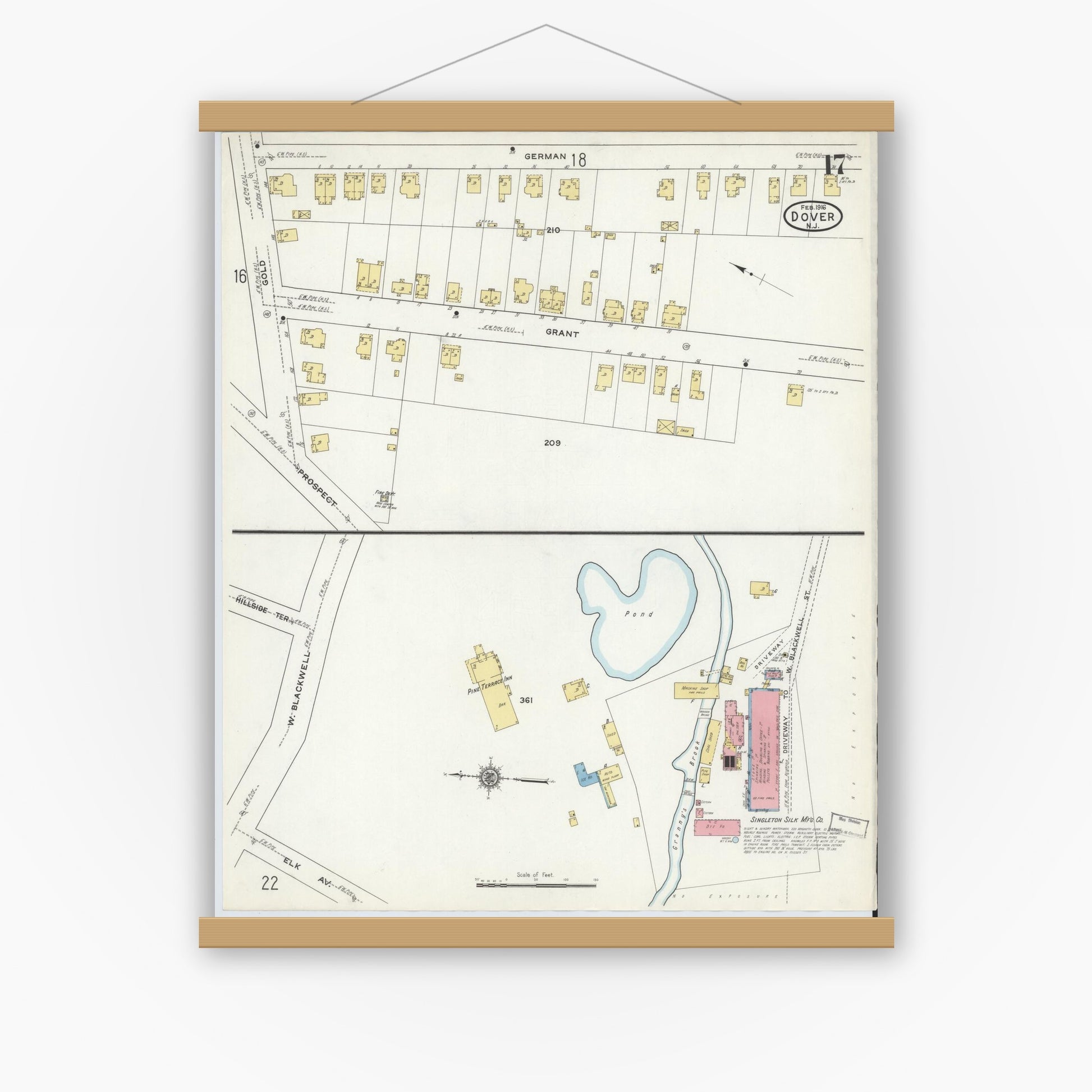 Old map wall art mockup — magnetic wood frame on white wall — Sanborn Fire Insurance Map from Dover, Morris County, New Jersey (1916), Sheet #0017