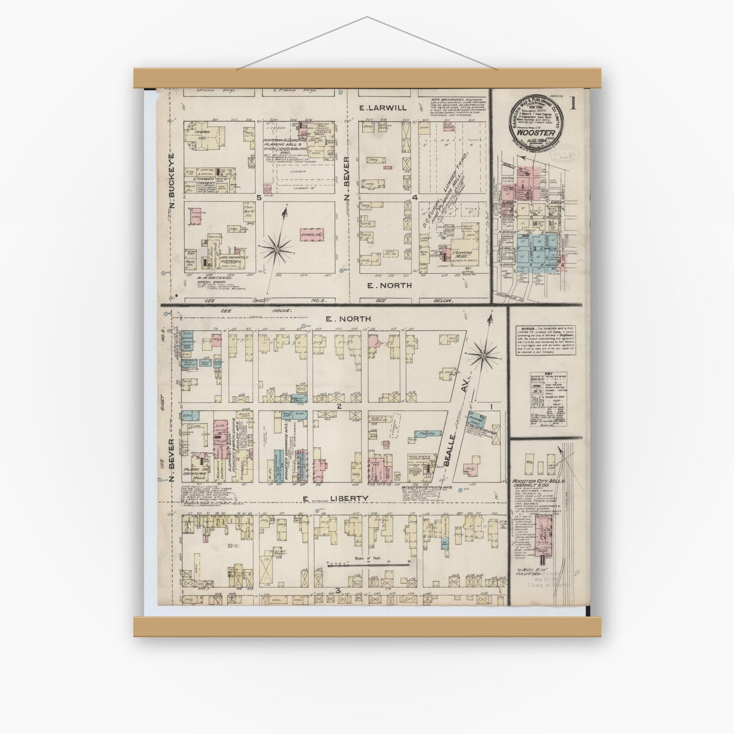 Old map wall art mockup — magnetic wood frame on white wall — Sanborn Fire Insurance Map from Wooster, Wayne County, Ohio (1884), Sheet #0001
