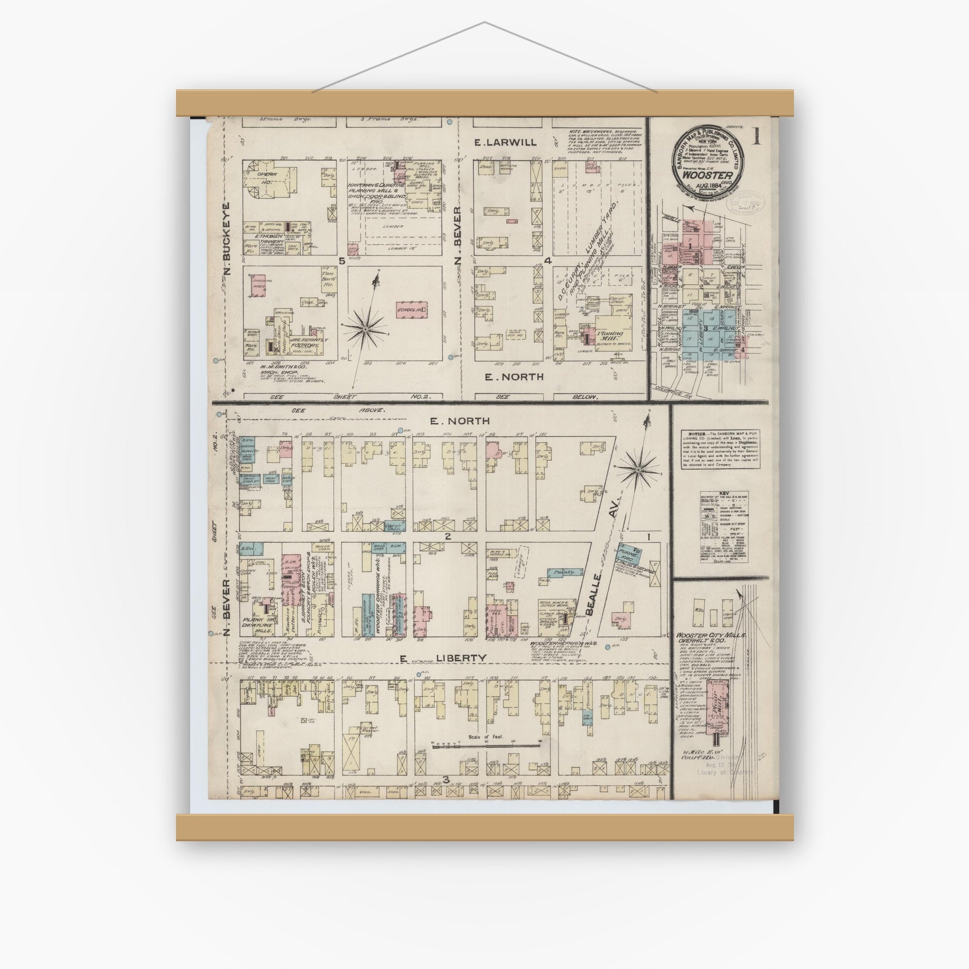 Old map wall art mockup — magnetic wood frame on white wall — Sanborn Fire Insurance Map from Wooster, Wayne County, Ohio (1884), Sheet #0001