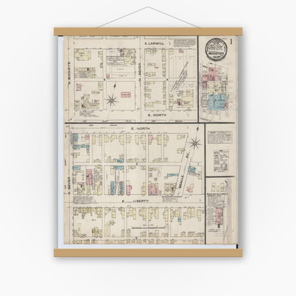 Old map wall art mockup — magnetic wood frame on white wall — Sanborn Fire Insurance Map from Wooster, Wayne County, Ohio (1884), Sheet #0001