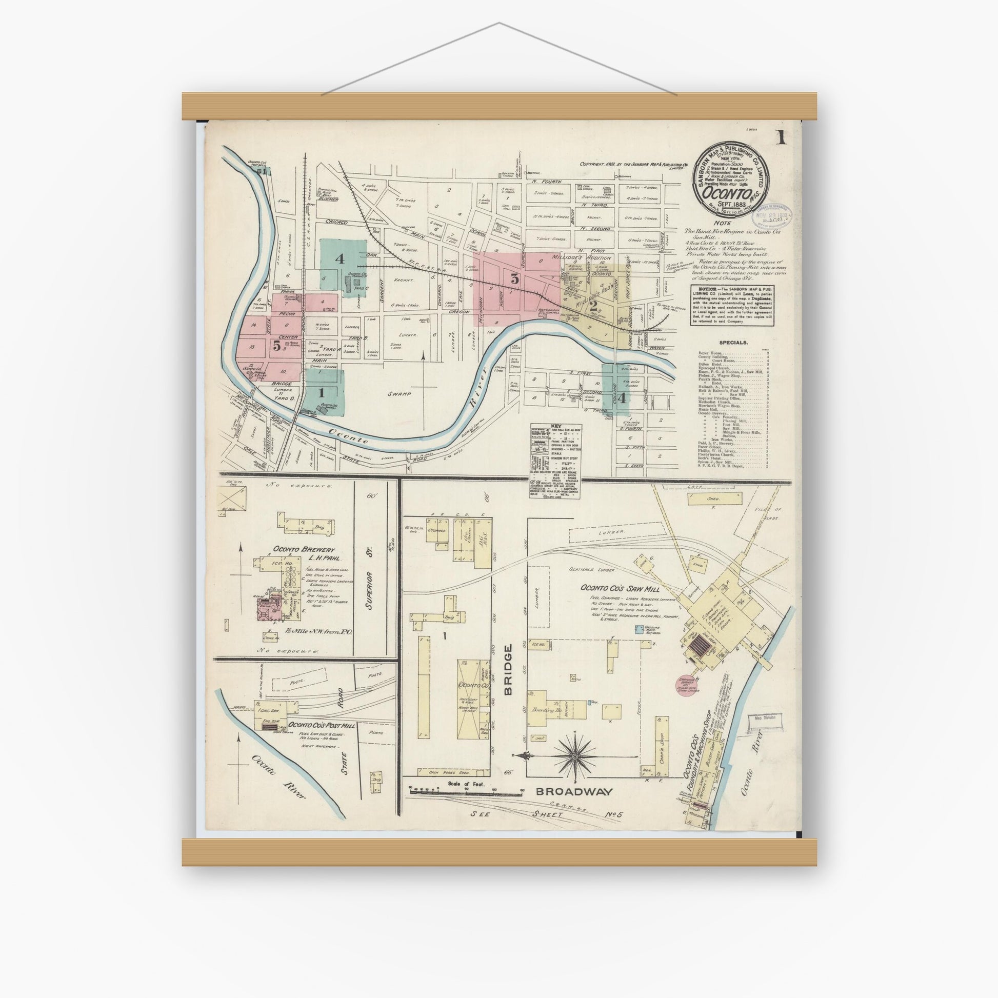 Old map wall art mockup — magnetic wood frame on white wall — Sanborn Fire Insurance Map from Oconto, Oconto County, Wisconsin (1883), Sheet #0001
