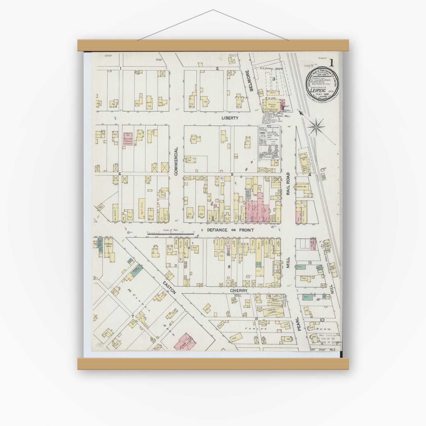 Old map wall art mockup — magnetic wood frame on white wall — Sanborn Fire Insurance Map from Leipsic, Putnam County, Ohio (1889) - Complete Map Set