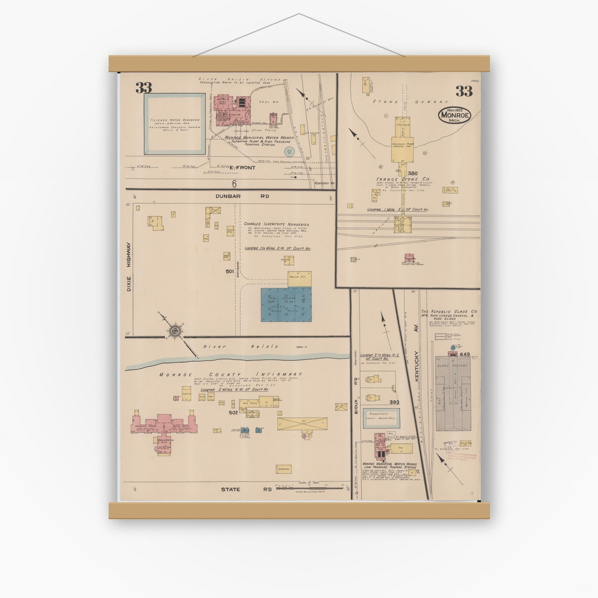 Old map wall art mockup — magnetic wood frame on white wall — Sanborn Fire Insurance Map from Monroe, Monroe County, Michigan (1922), Sheet #0033