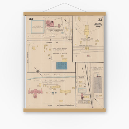 Old map wall art mockup — magnetic wood frame on white wall — Sanborn Fire Insurance Map from Monroe, Monroe County, Michigan (1922), Sheet #0033