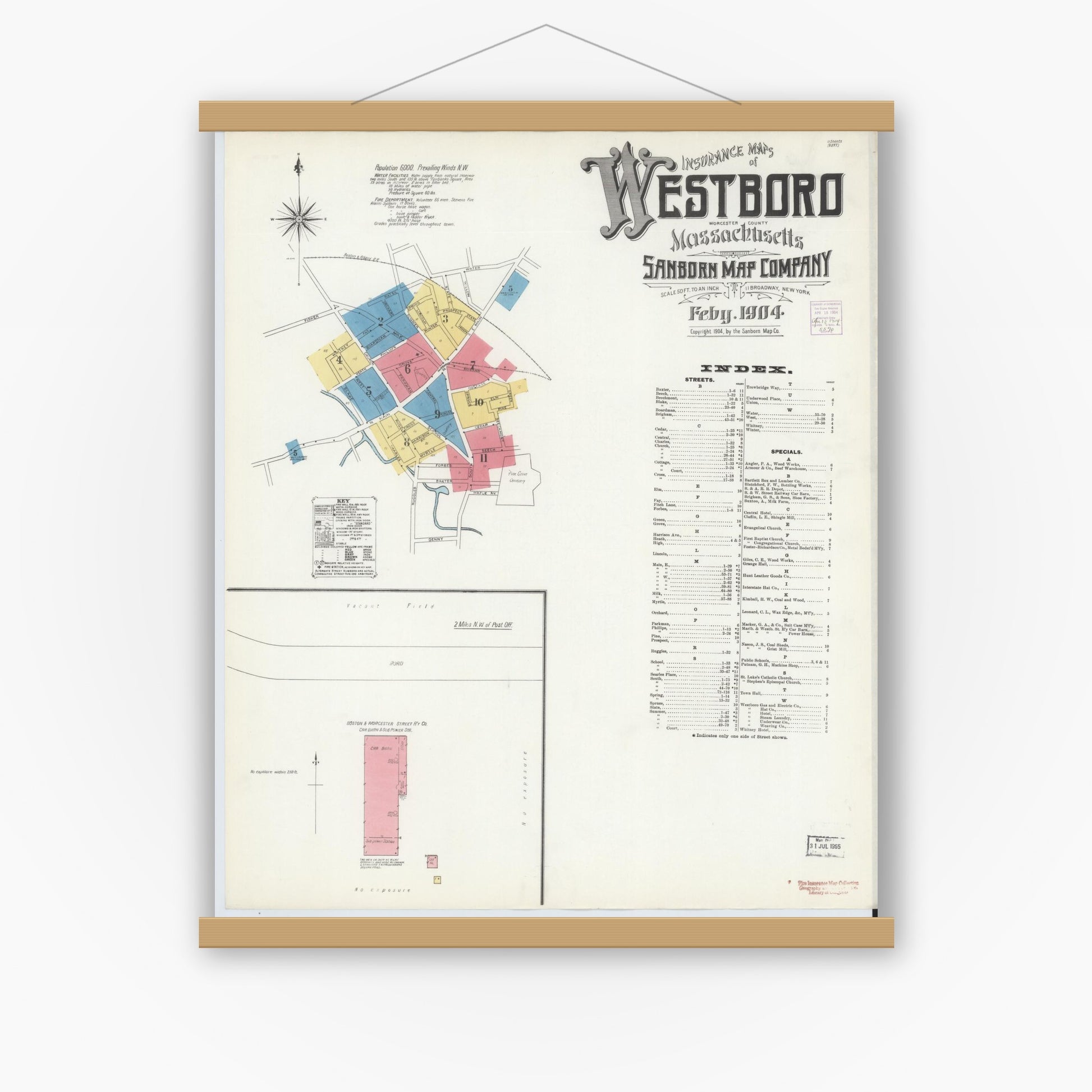 Old map wall art mockup — magnetic wood frame on white wall — Sanborn Fire Insurance Map from Westboro, Worcester County, Massachusetts (1904), Sheet #0001