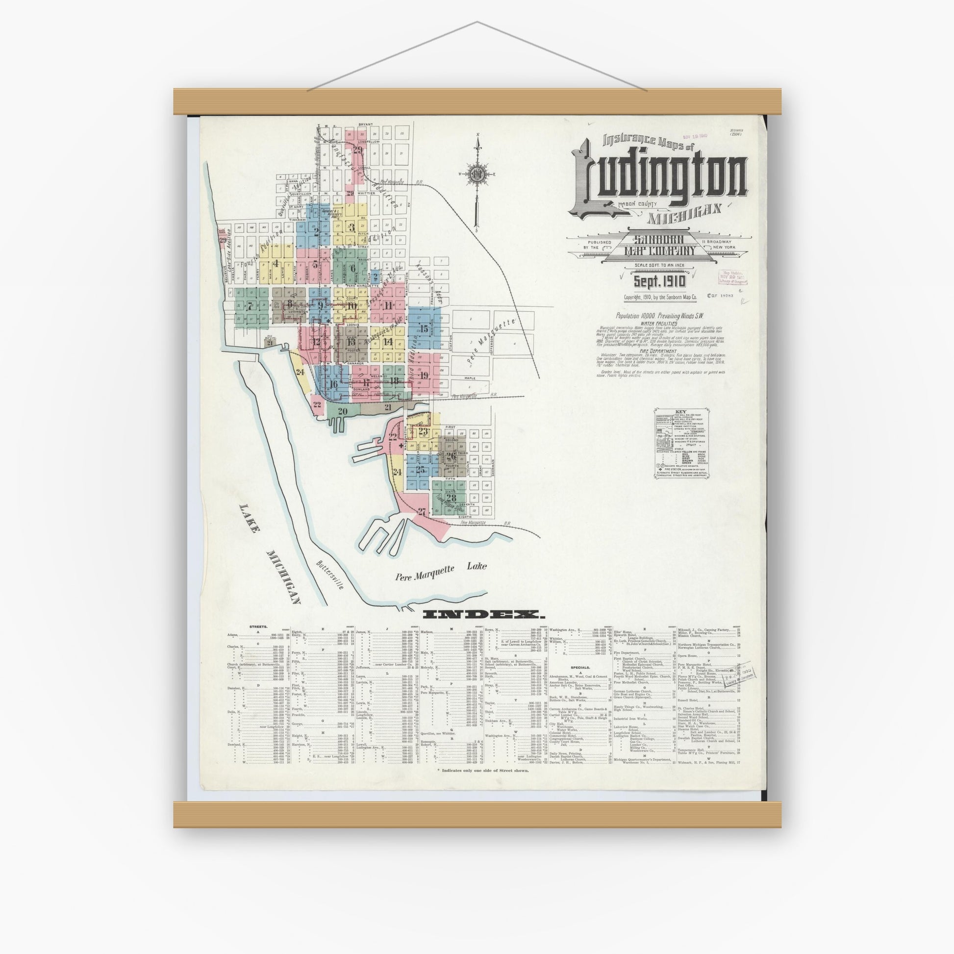 Old map wall art mockup — magnetic wood frame on white wall — Sanborn Fire Insurance Map from Ludington, Mason County, Michigan (1910) - Complete Map Set