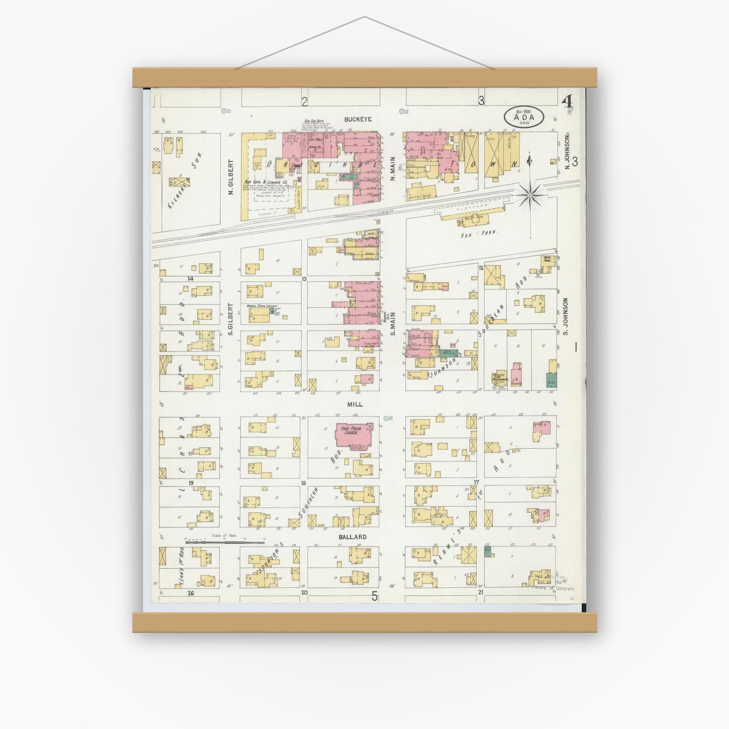 Old map wall art mockup — magnetic wood frame on white wall — Sanborn Fire Insurance Map from Ada, Hardin County, Ohio (1900), Sheet #0004