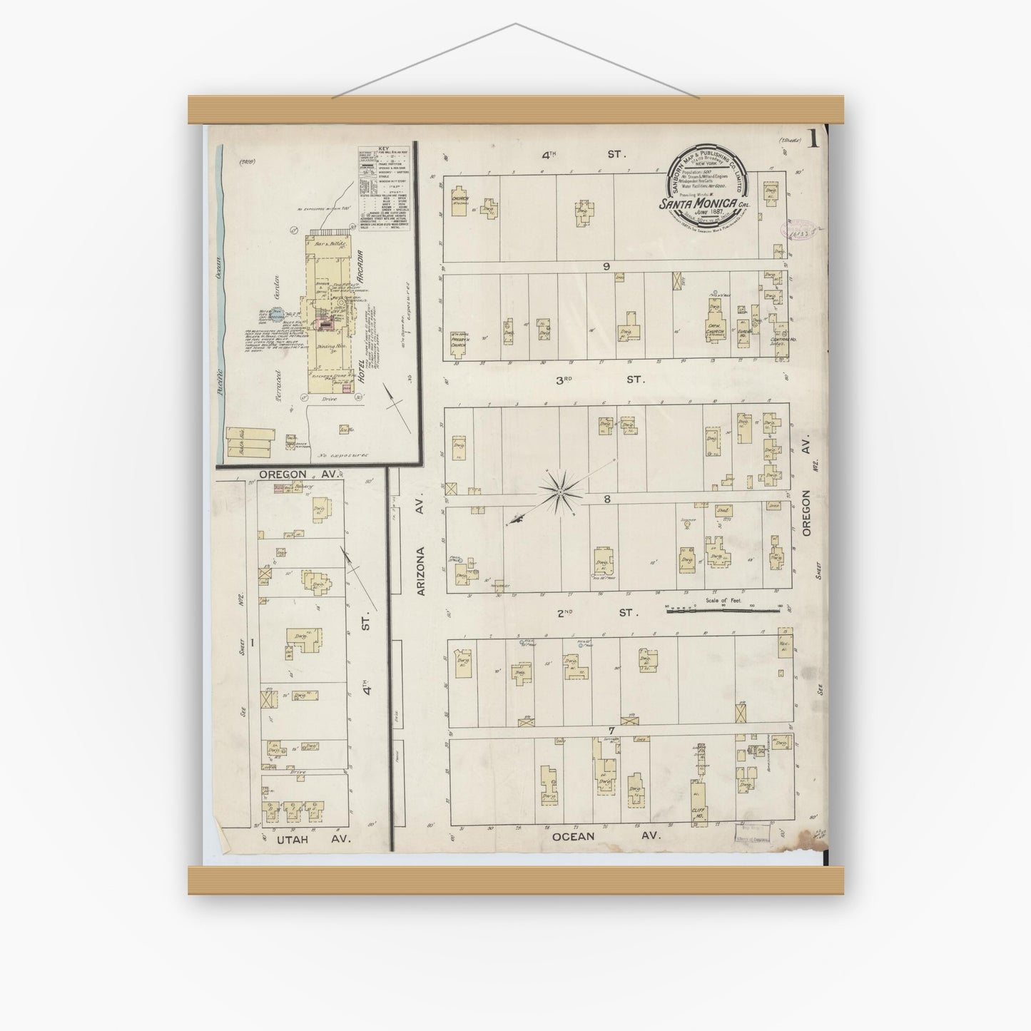 Old map wall art mockup — magnetic wood frame on white wall — Sanborn Fire Insurance Map from Santa Monica, Los Angeles County, California (1887) - Complete Map Set