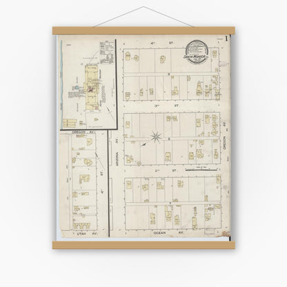 Old map wall art mockup — magnetic wood frame on white wall — Sanborn Fire Insurance Map from Santa Monica, Los Angeles County, California (1887) - Complete Map Set