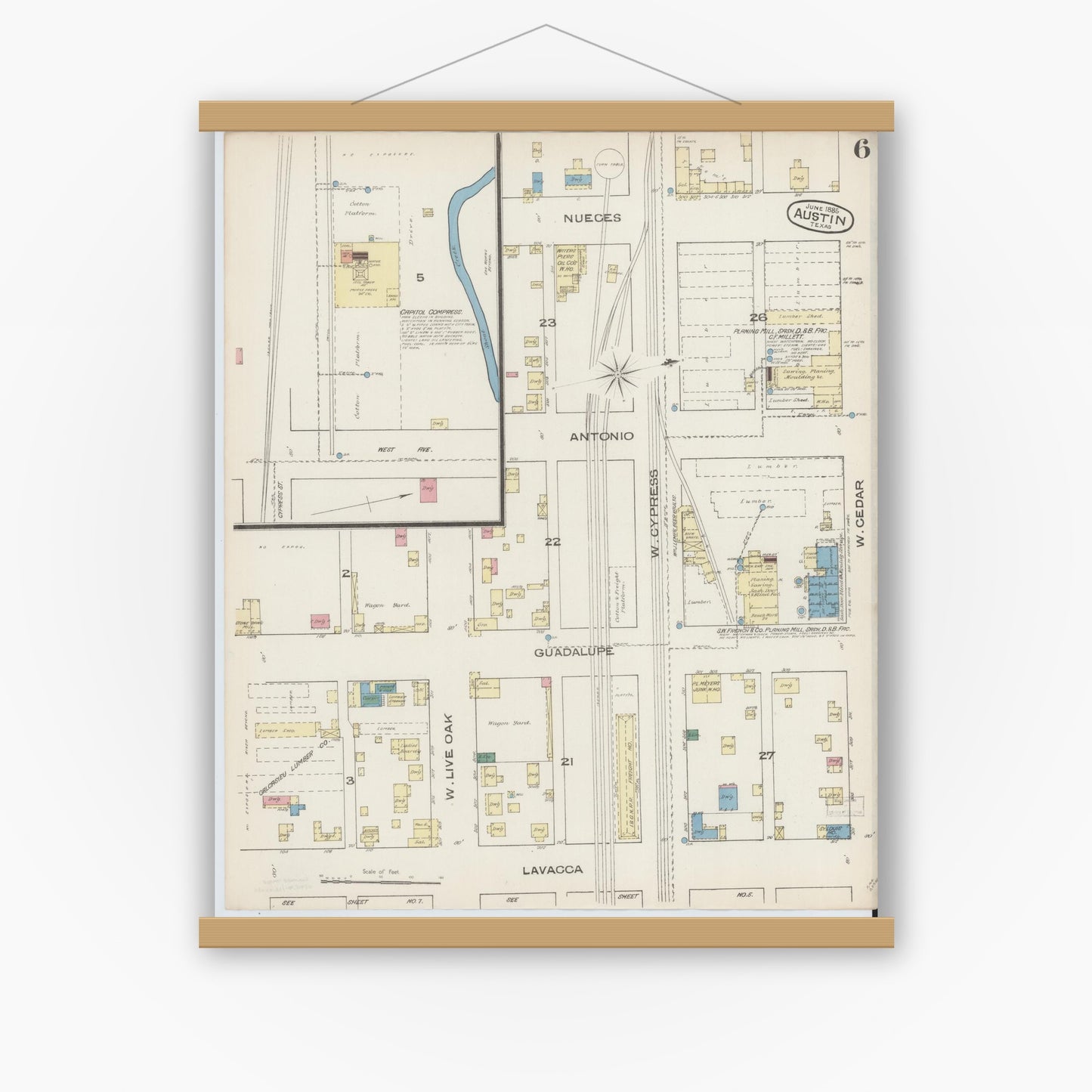 Old map wall art mockup — magnetic wood frame on white wall — Sanborn Fire Insurance Map from Austin, Travis County, Texas (1885), Sheet #0006