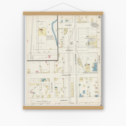Old map wall art mockup — magnetic wood frame on white wall — Sanborn Fire Insurance Map from Austin, Travis County, Texas (1885), Sheet #0006