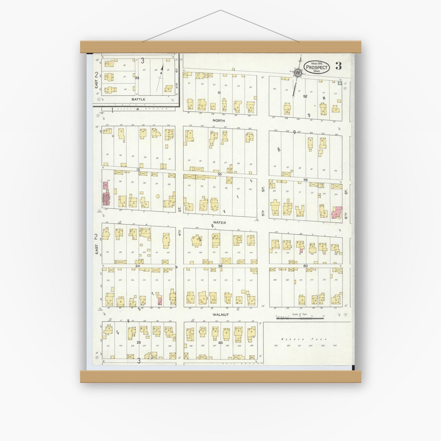 Old map wall art mockup — magnetic wood frame on white wall — Sanborn Fire Insurance Map from Prospect, Marion County, Ohio (1916), Sheet #0003