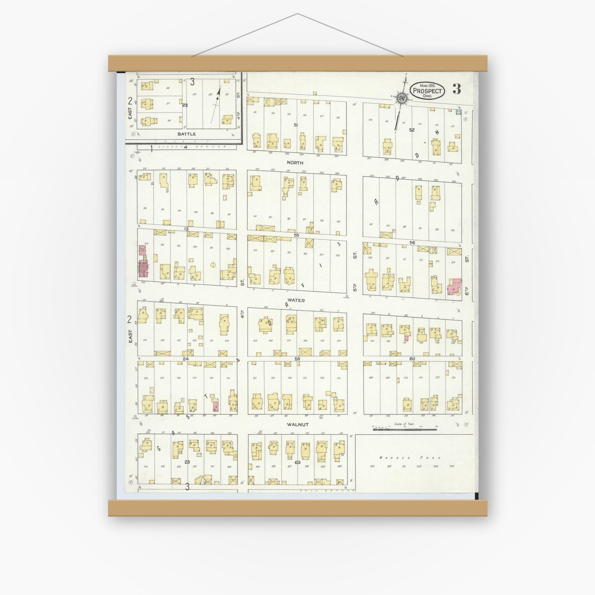 Old map wall art mockup — magnetic wood frame on white wall — Sanborn Fire Insurance Map from Prospect, Marion County, Ohio (1916), Sheet #0003