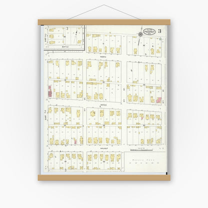 Old map wall art mockup — magnetic wood frame on white wall — Sanborn Fire Insurance Map from Prospect, Marion County, Ohio (1916), Sheet #0003