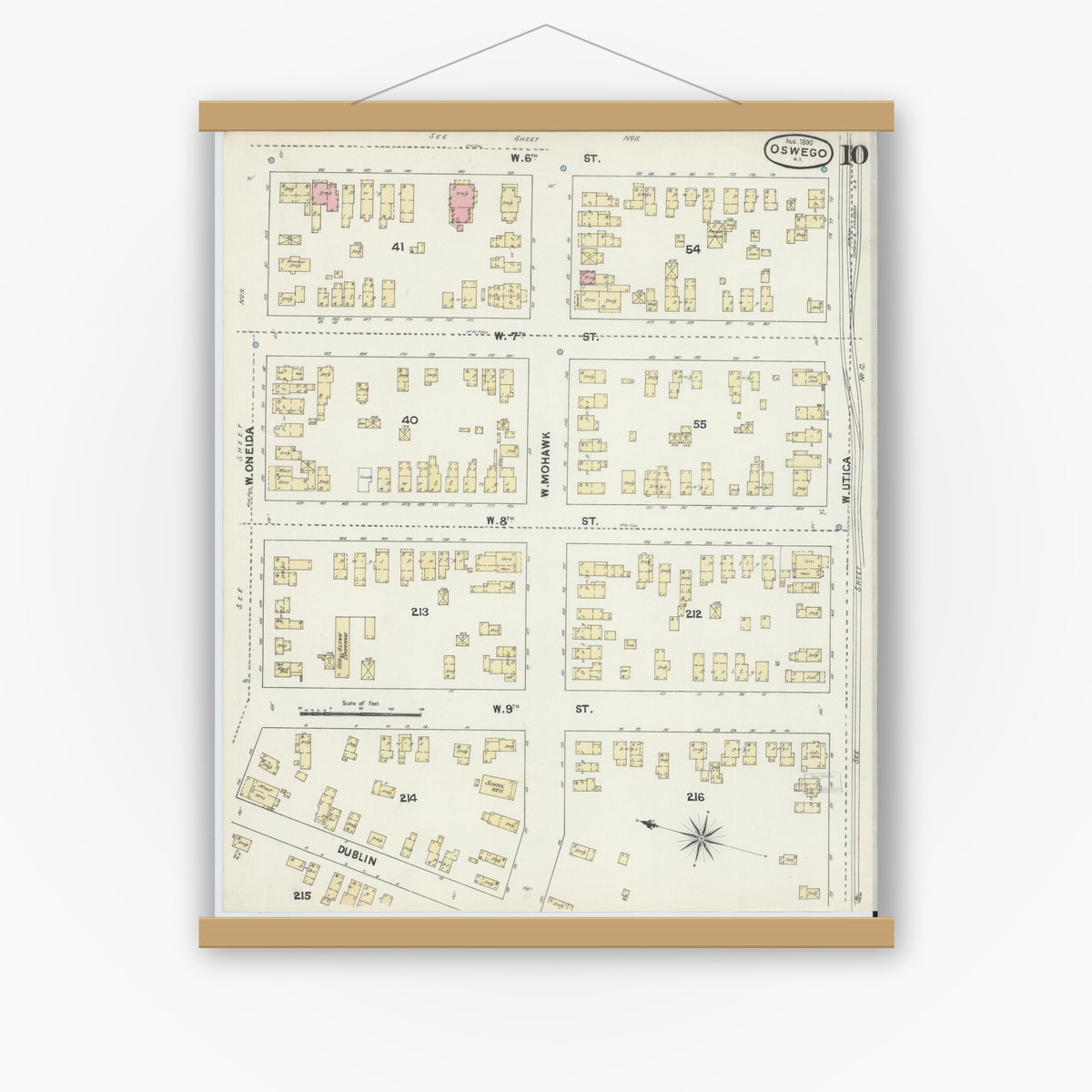 Old map wall art mockup — magnetic wood frame on white wall — Sanborn Fire Insurance Map from Oswego, Oswego County, New York (1890), Sheet #0010