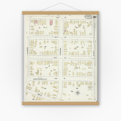 Old map wall art mockup — magnetic wood frame on white wall — Sanborn Fire Insurance Map from Oswego, Oswego County, New York (1890), Sheet #0010