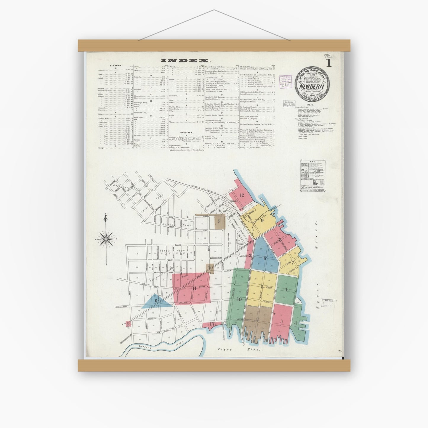 Old map wall art mockup — magnetic wood frame on white wall — Sanborn Fire Insurance Map from New Bern, Craven County, North Carolina (1904) - Complete Map Set