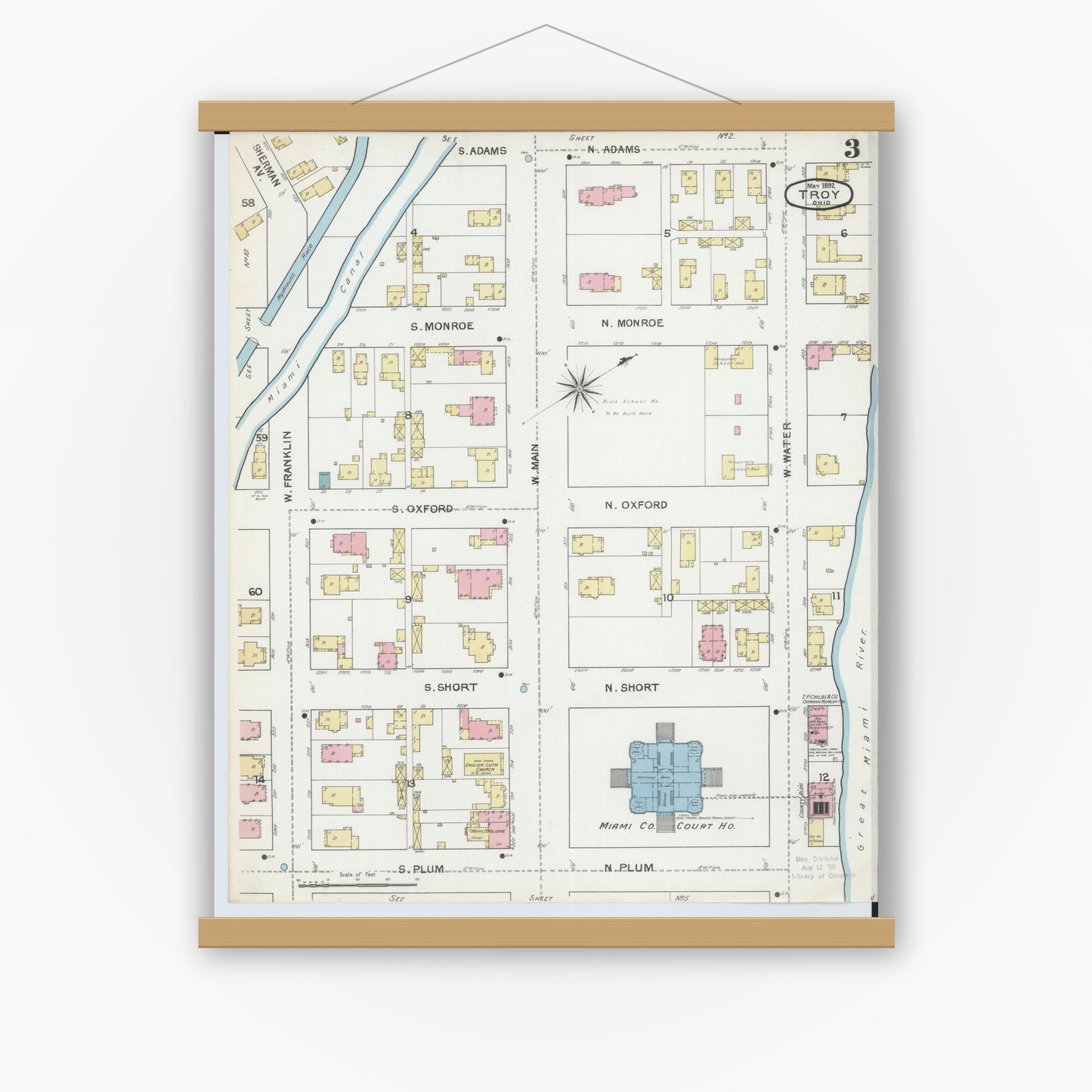 Old map wall art mockup — magnetic wood frame on white wall — Sanborn Fire Insurance Map from Troy, Miami County, Ohio (1892), Sheet #0003