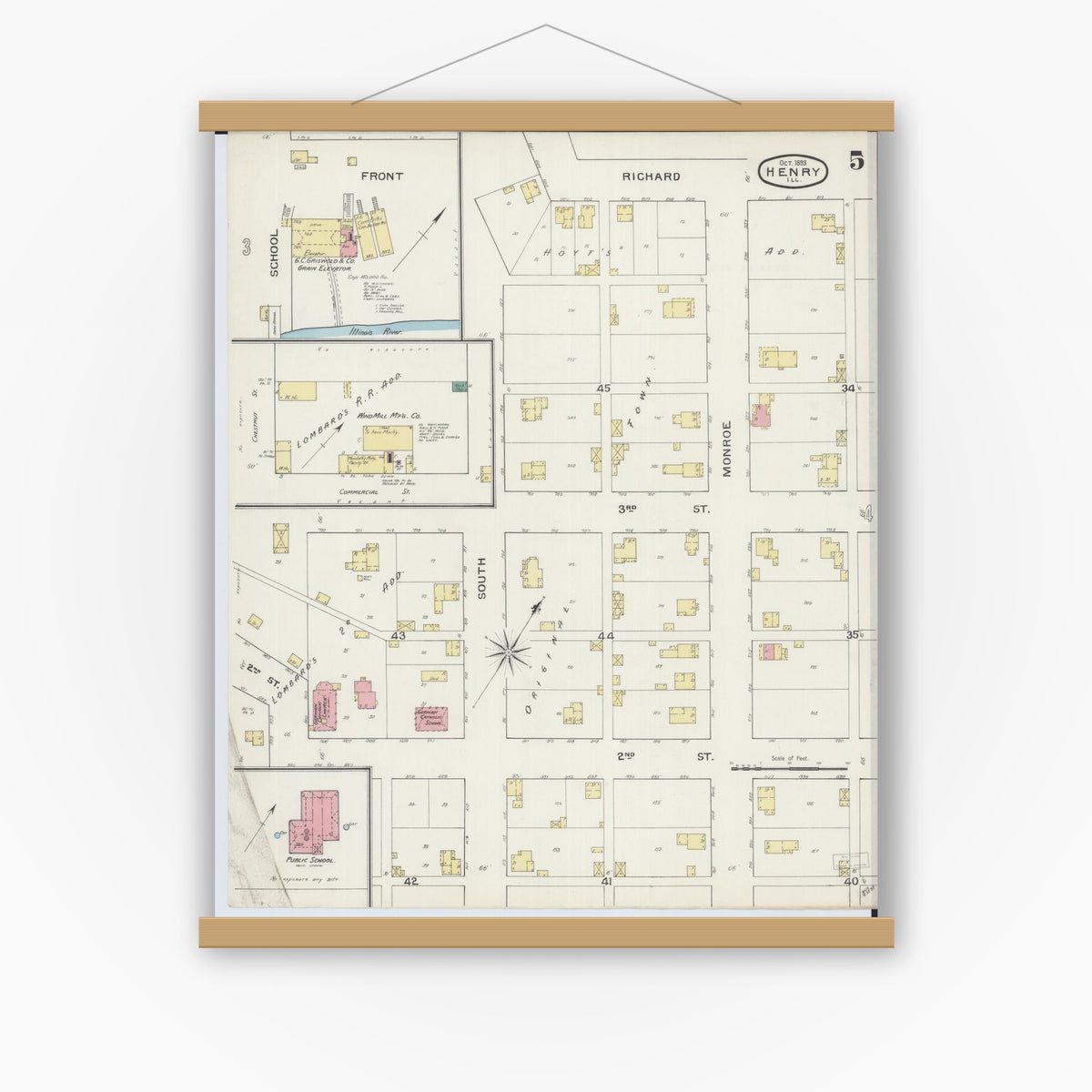 Old map wall art mockup — magnetic wood frame on white wall — Sanborn Fire Insurance Map from Henry, Marshall County, Illinois (1893), Sheet #0005