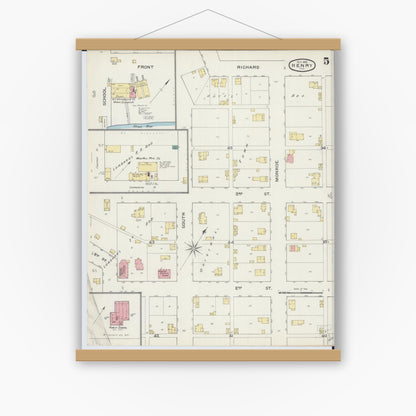 Old map wall art mockup — magnetic wood frame on white wall — Sanborn Fire Insurance Map from Henry, Marshall County, Illinois (1893), Sheet #0005