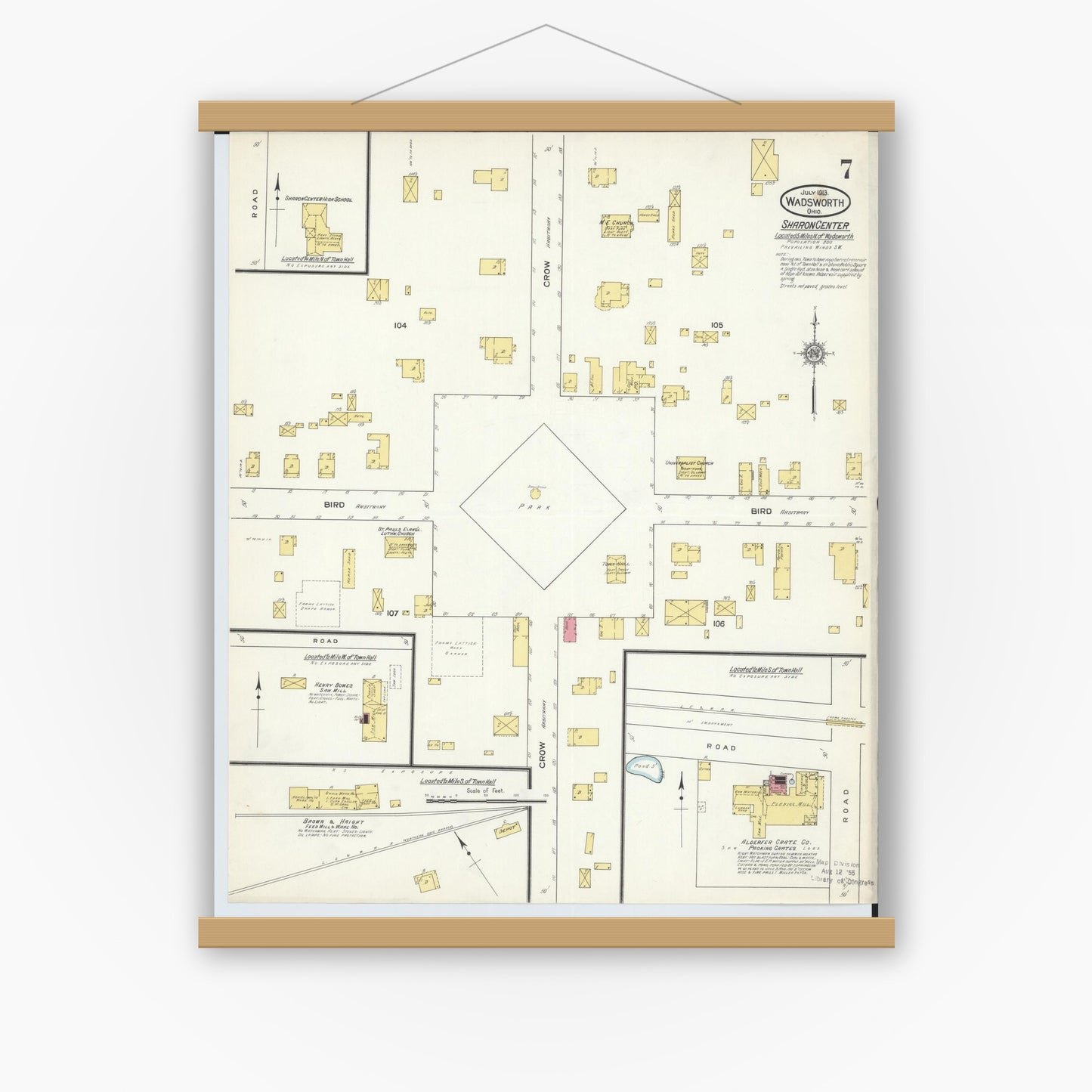 Old map wall art mockup — magnetic wood frame on white wall — Sanborn Fire Insurance Map from Wadsworth, Medina County, Ohio (1913), Sheet #0007