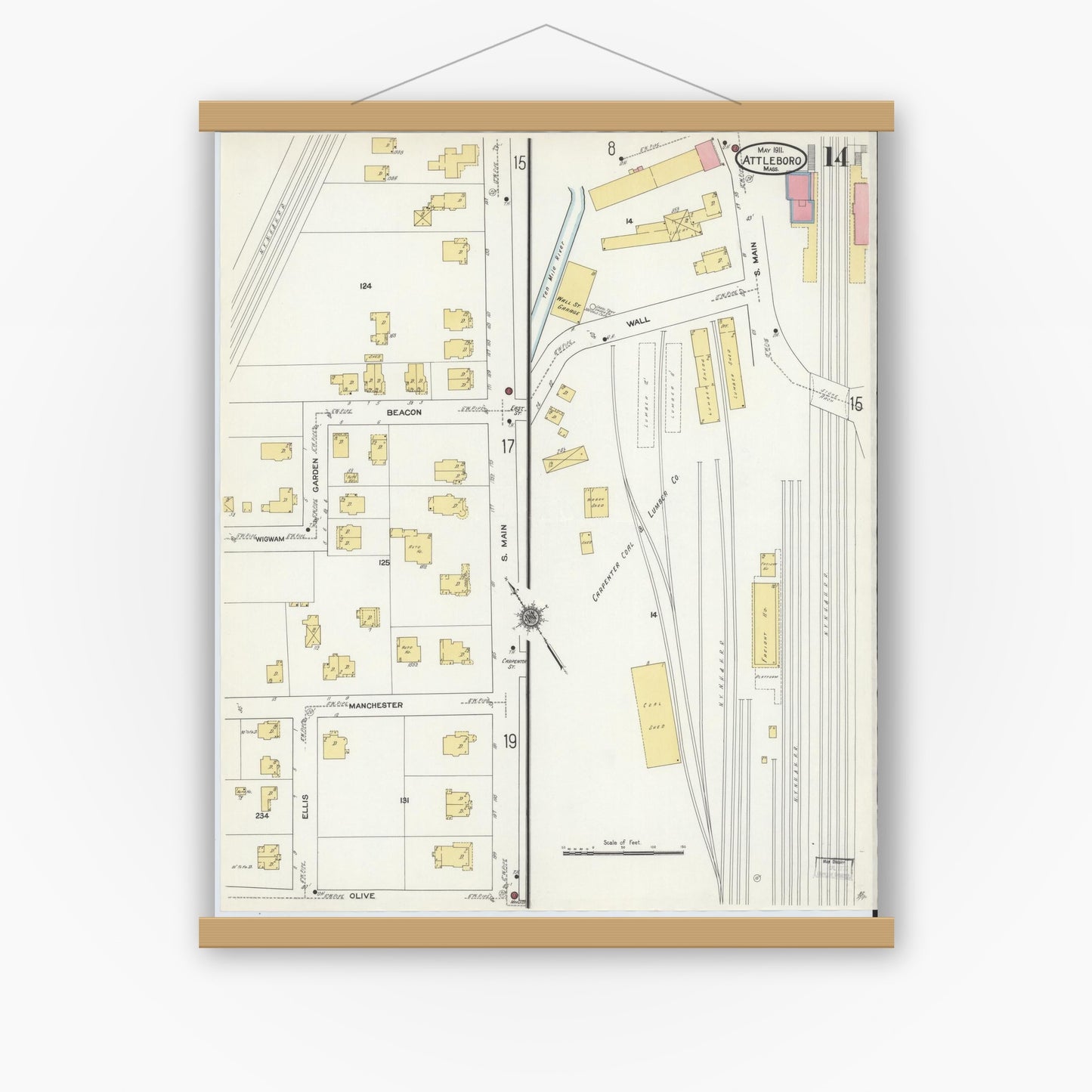 Old map wall art mockup — magnetic wood frame on white wall — Sanborn Fire Insurance Map from Attleboro, Bristol County, Massachusetts (1911), Sheet #0014