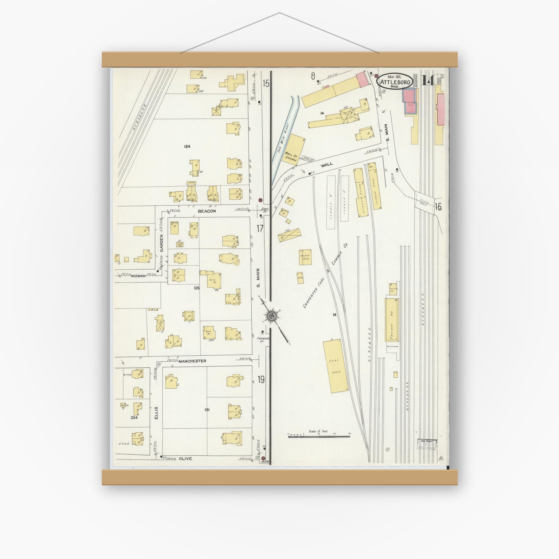 Old map wall art mockup — magnetic wood frame on white wall — Sanborn Fire Insurance Map from Attleboro, Bristol County, Massachusetts (1911), Sheet #0014