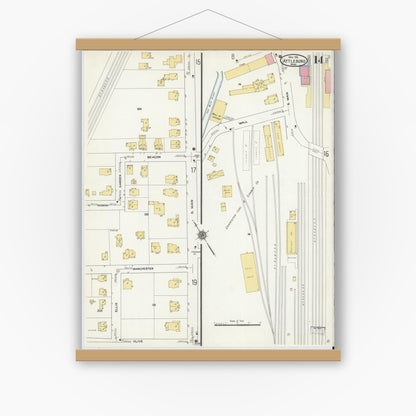 Old map wall art mockup — magnetic wood frame on white wall — Sanborn Fire Insurance Map from Attleboro, Bristol County, Massachusetts (1911), Sheet #0014