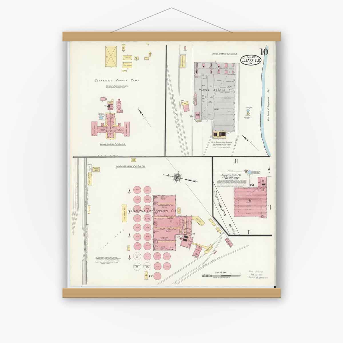 Old map wall art mockup — magnetic wood frame on white wall — Sanborn Fire Insurance Map from Clearfield, Clearfield County, Pennsylvania (1917), Sheet #0010