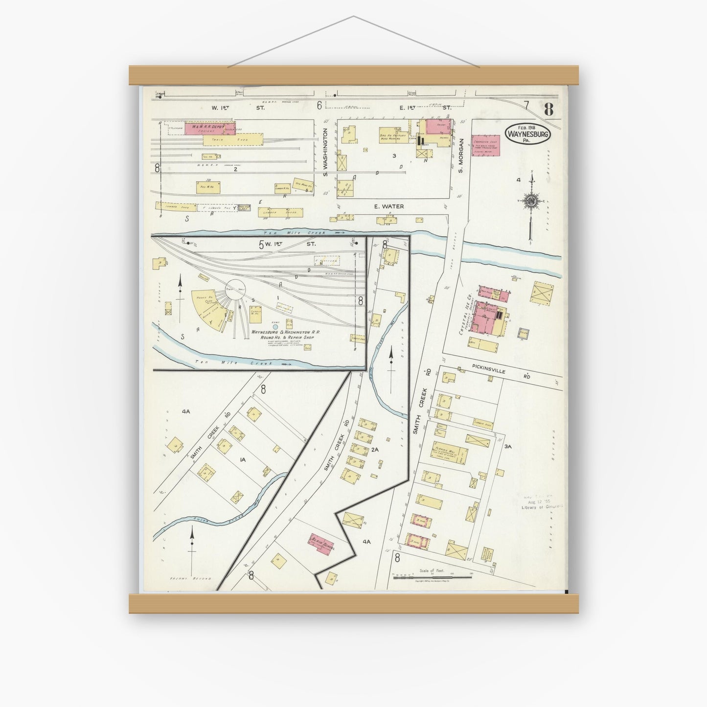 Old map wall art mockup — magnetic wood frame on white wall — Sanborn Fire Insurance Map from Waynesburg, Greene County, Pennsylvania (1918), Sheet #0008