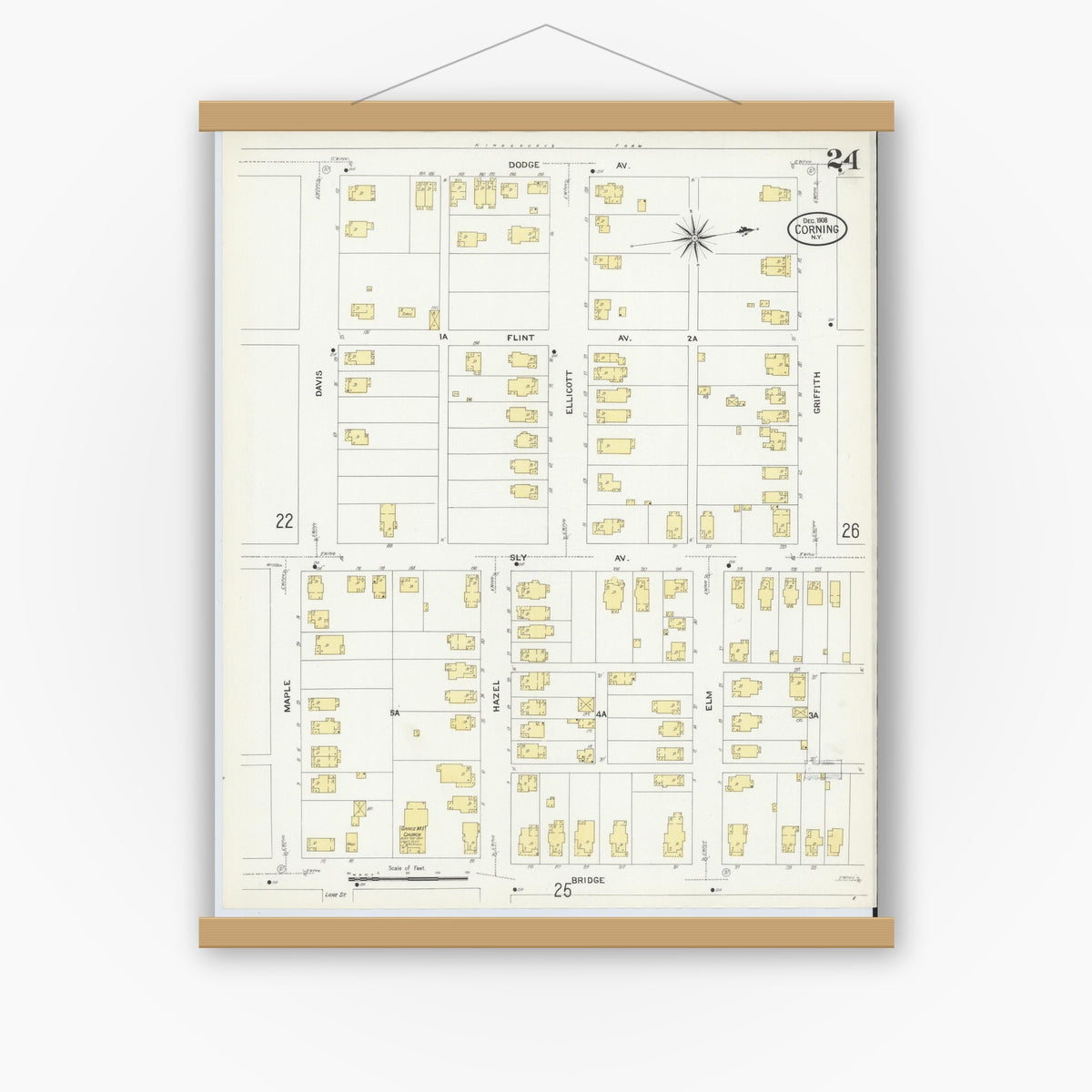 Old map wall art mockup — magnetic wood frame on white wall — Sanborn Fire Insurance Map from Corning, Steuben County, New York (1908), Sheet #0024