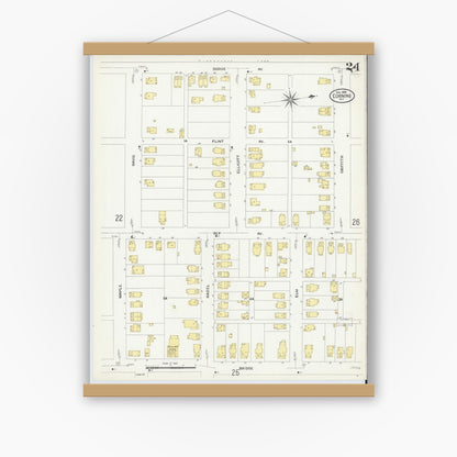 Old map wall art mockup — magnetic wood frame on white wall — Sanborn Fire Insurance Map from Corning, Steuben County, New York (1908), Sheet #0024